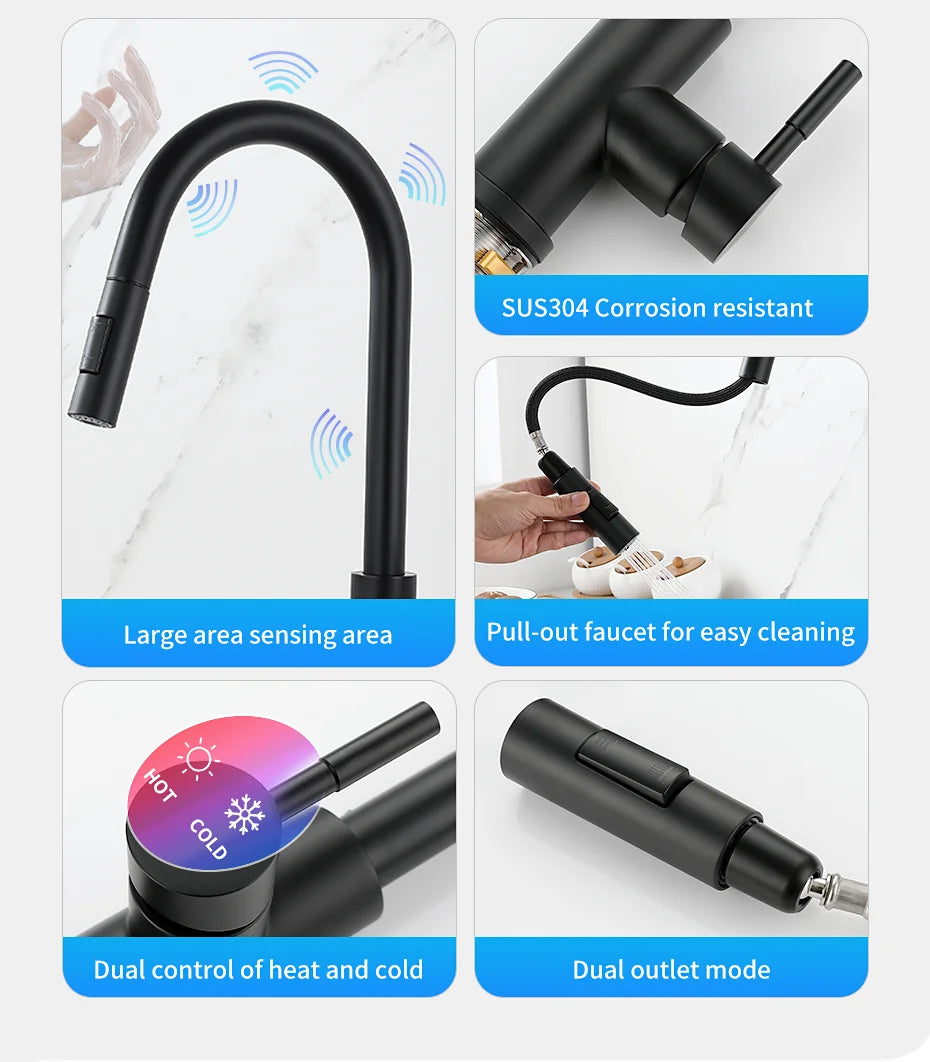 Black Smart Touch Kitchen Faucet Crane For Sensor Kitchen Water Tap Sink Mixer Rotate Touch Faucet Sensor Water Mixer 1015