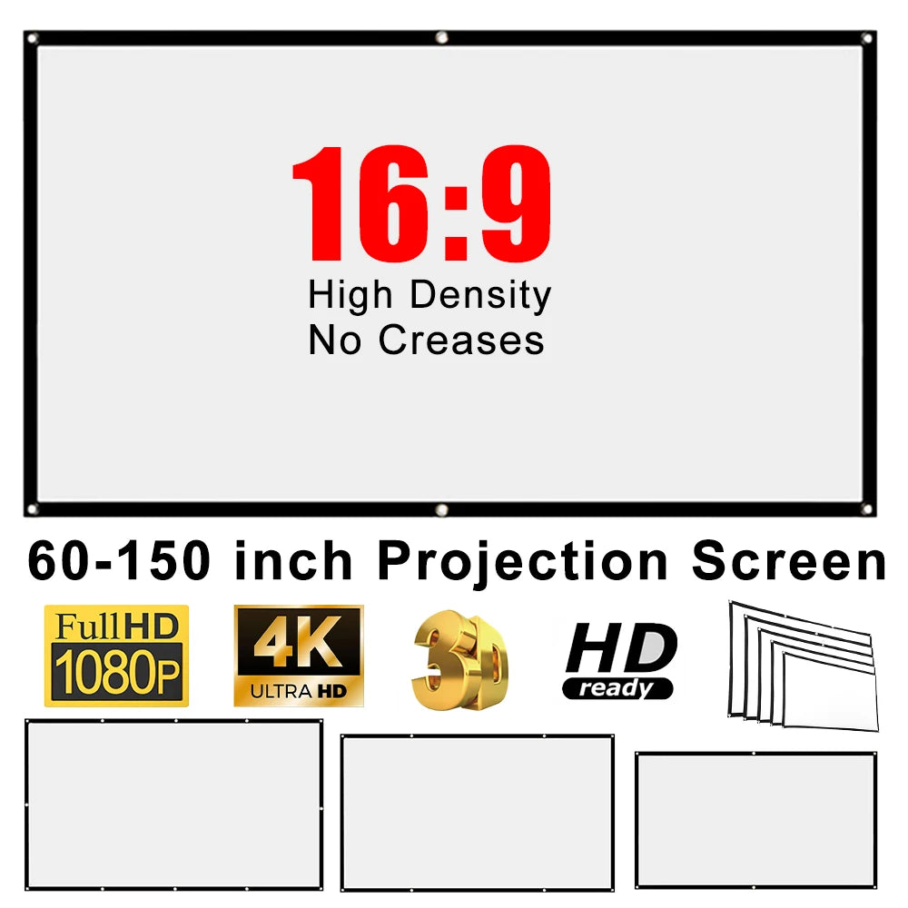 60-150 inch Foldable 16:9 Projector Screen Portable High Density White No Creases Soft Home Movie Theater HD Projection Screen