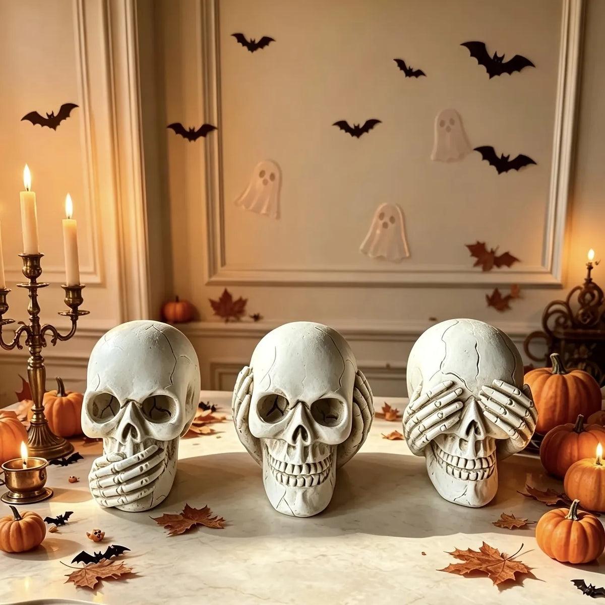 Resin skull figurine, replicating the classic poses of covering the mouth, ears, and eyes, perfect for Halloween decorations