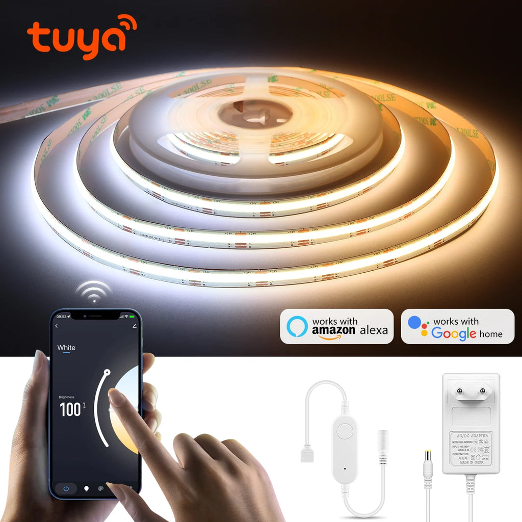 Tuya Smart WiFi Switch COB CCT LED Strip Light 3M 5M 24V Power Adapter EU/US Plug Dimmable Lamp LED Tape for Room Kitchen Decor