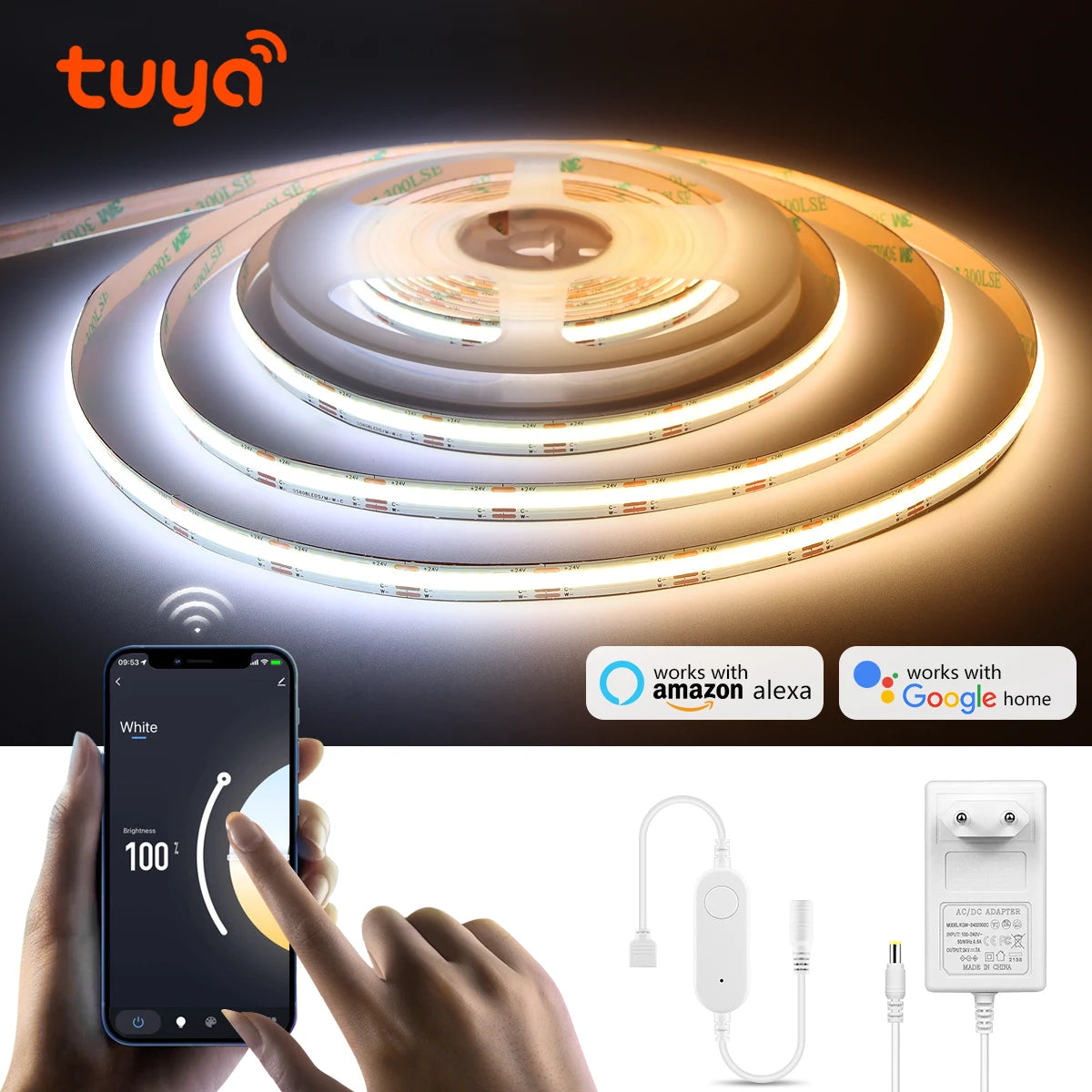 Tuya Smart WiFi Switch COB CCT LED Strip Light 3M 5M 24V Power Adapter EU/US Plug Dimmable Lamp LED Tape for Room Kitchen Decor