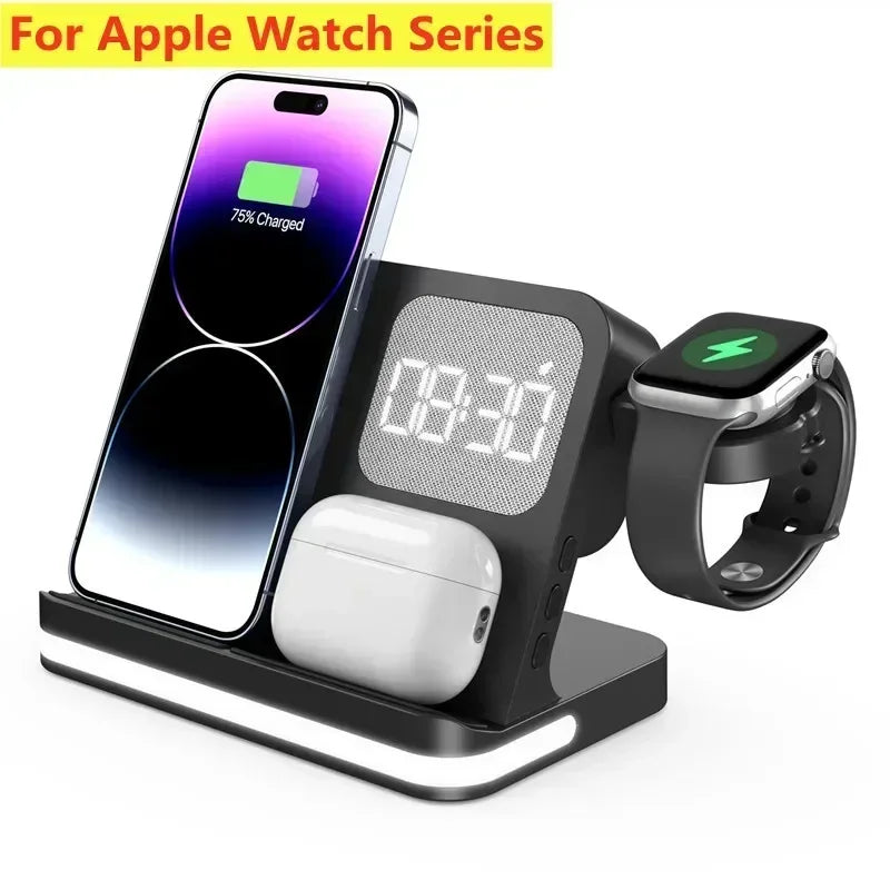 Phone Watch Wireless Charger with LED Light Clock Alarm For iPhone 16/15/14/13/12 Apple Watch 2-10 SE  Airpods Pro Fast Charging