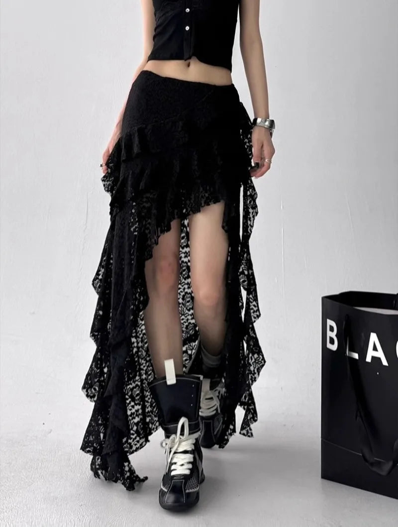 White Sweet Design Lace Patchwork Ruffle High Waisted Y2K Skirt