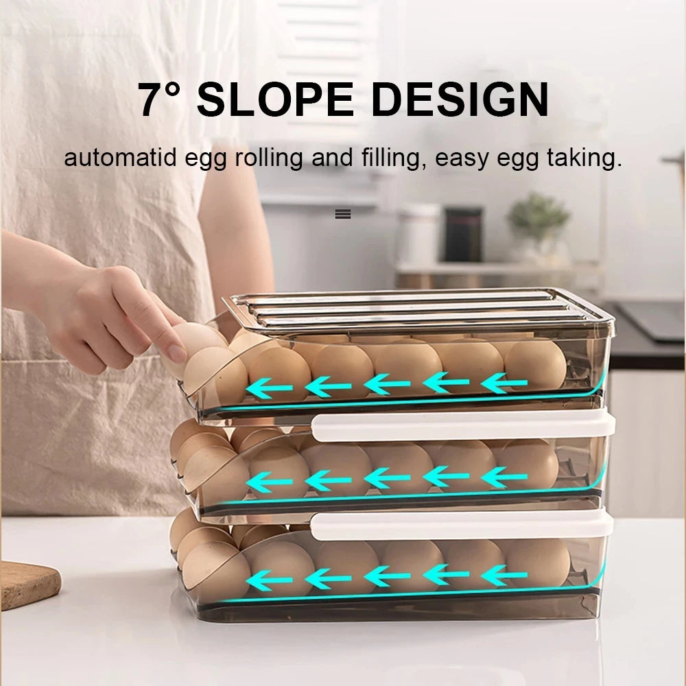 Automatic Slide Egg Storage Box Transparent Drawer, Stackable Rolling Eggs Rack Egg Tray Holder Basket, Kitchen Fridge Organize