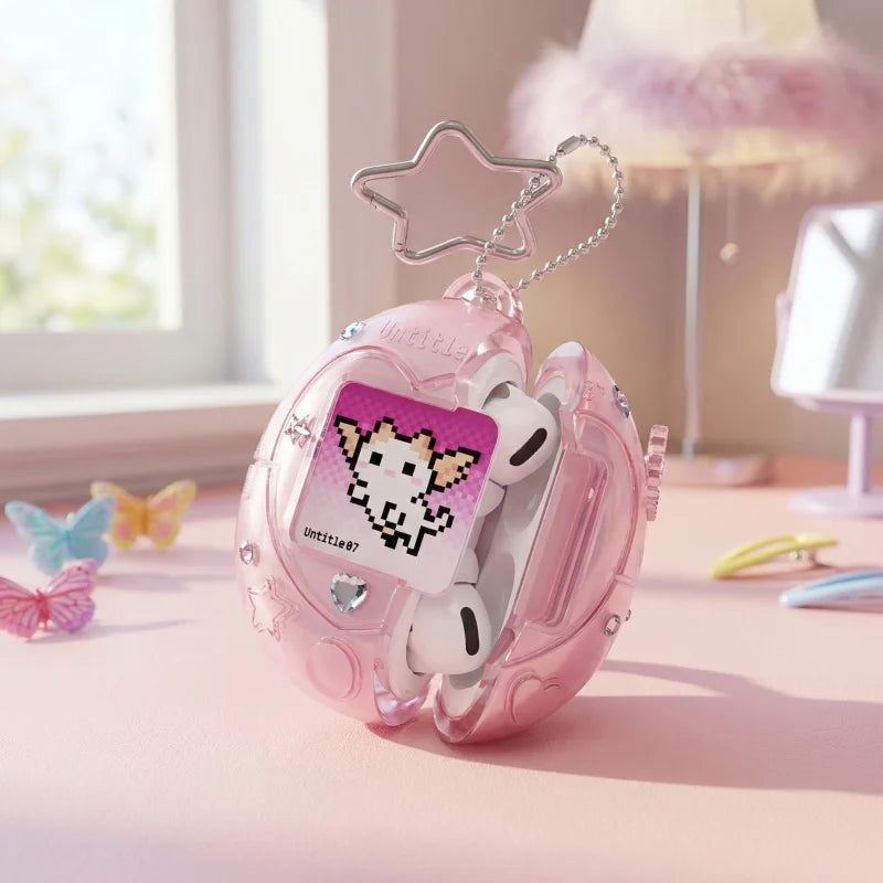 Cute Tamagotchi Airpods Pro 2 1 Case, Star Lanyard Silicone Earphone Storage Bag, Pink Transparent Aesthetic Desktop Ornament