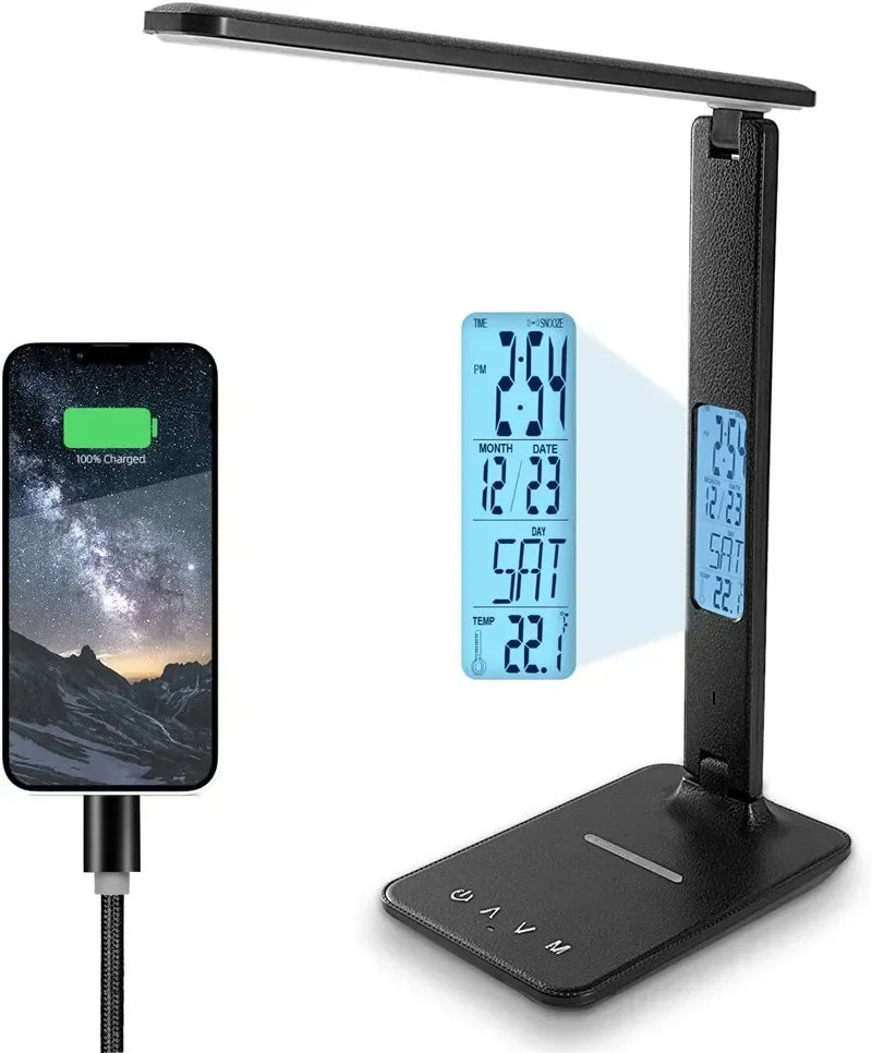 Wireless Charger Pad LED Desk Lamp Temperature Alarm Clock Eye Protect Study Business Light Table Lamp 10W Fast Charging Station