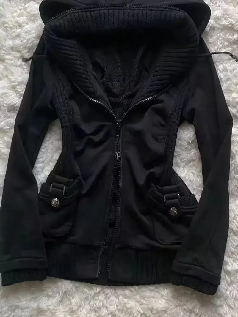 New Gothic Pattern Sweatshirt Hoodie Versatile Fashion Cardigan Casual Hoodie Women Solid Color Pleated Slim Top Winter Retro