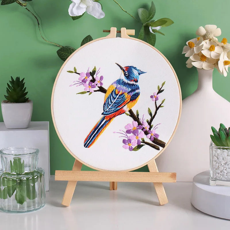 Bird Flower Chinese Wind Embroidery Kit with Instruction Needle Cloth with Pattern for DIY Craft Kit Home Decor