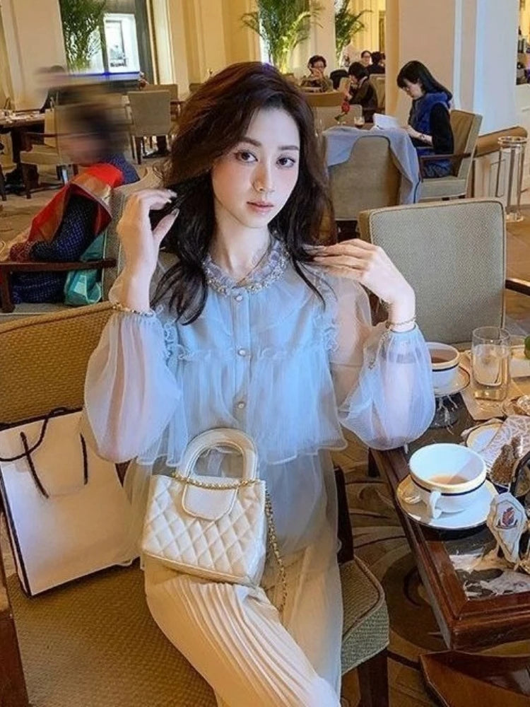 Sweet Ruffled Women Shirts 2026 Camisas De Mujer Long Sleeve Loose Blouses Vintage Single Breasted Pleated Chic Korean Blouse