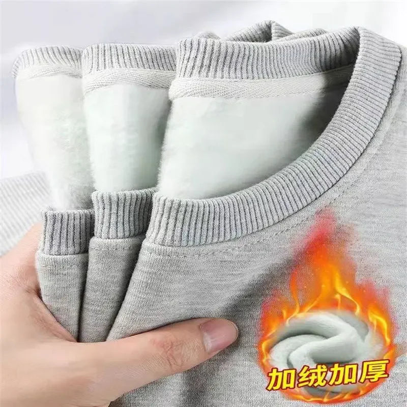 600G Pure Cotton Plush Thickened Sweatshirt Thin Plush Heavyweight Solid Round Neck Sweater Autumn Winter Warm Sweater