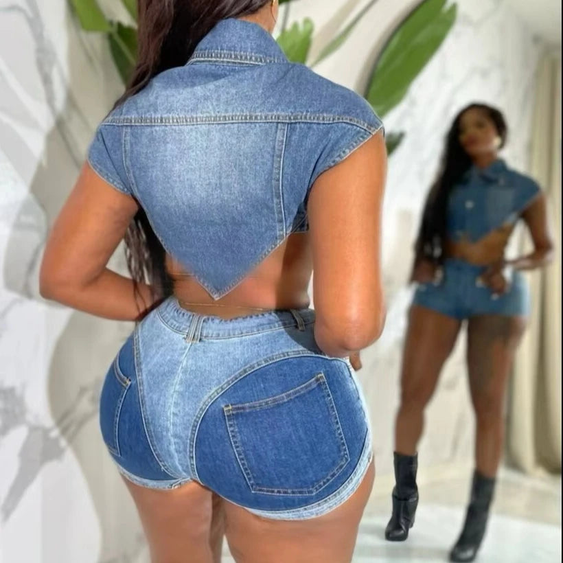 Two Piece Sets Women Denim Outfits Shorts Top Single Breasted