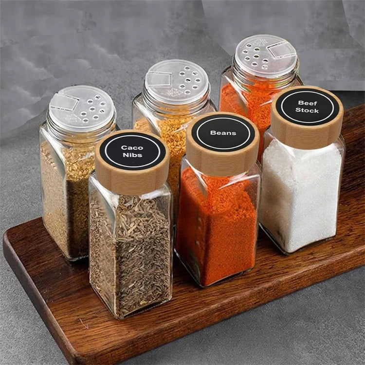 12Pcs Glass Spice Jars with Labels Kitchen Accessories 4oz Square Seasoning Containers Kitchen Salt Herbs Sugar Bottles JT510