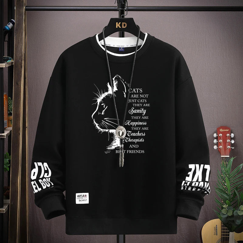 Autumn Men's Sweatshirt Sketch Cat Print Long Sleeve T-shirt Fashion Men's Clothing Black O Neck Harajuku Exclusive Design Top