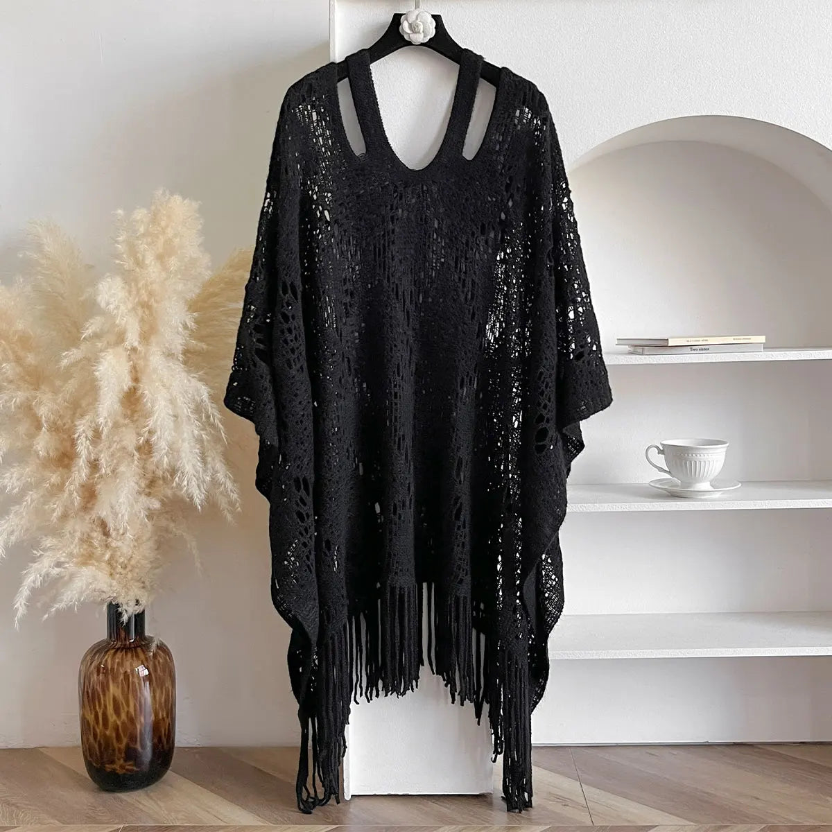 New Spring and Summer Fashion Women's Fringed Knitted Shawl Women Hollow out Solid Color Capes Knitted Pullover