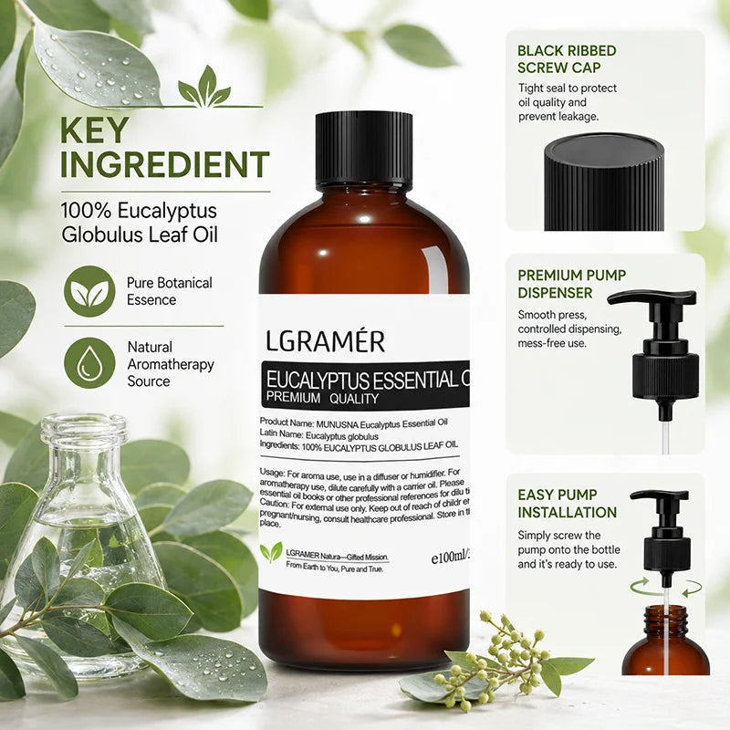 Natural Eucalyptus Essential Oil,Diffuser Friendly for Air Purify,Massage & Aromatherapy for Shower,Diffuser, Massage, with Pump