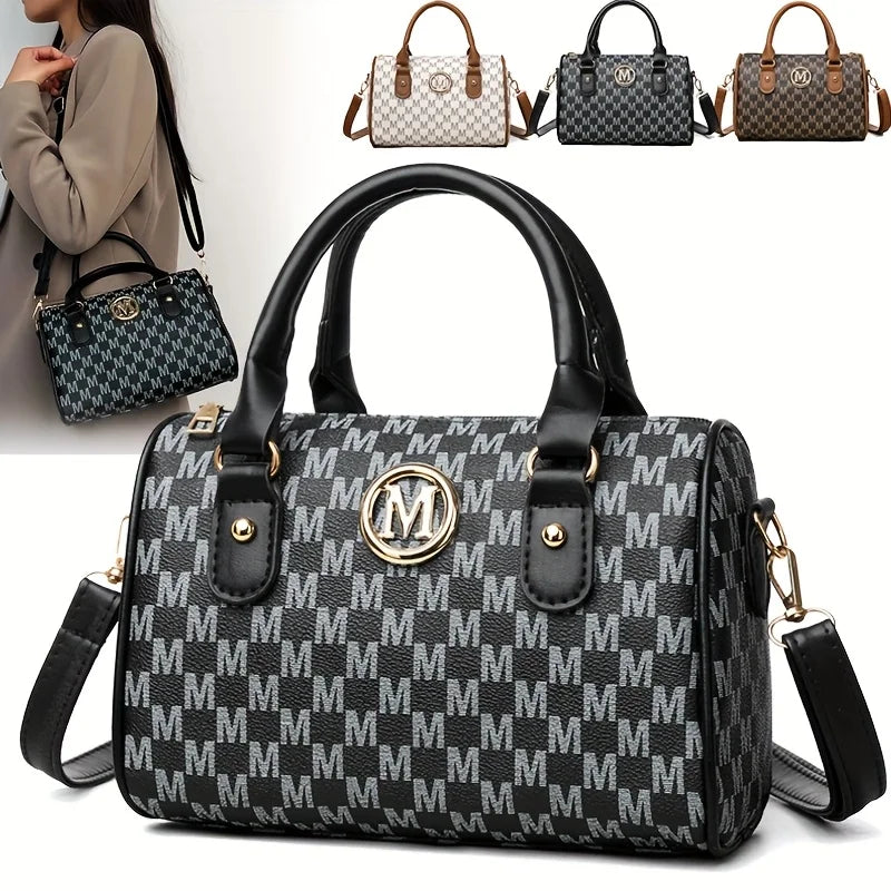 Women Alphabet Shoulder Bag with Golden M Logo Leather