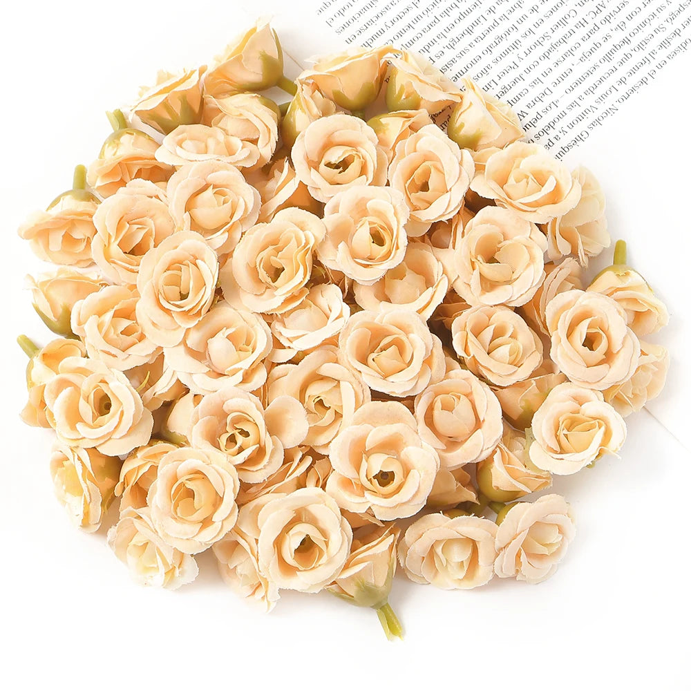 100Pcs Mini Silk Rose Artificial Flowers Head Fake Flowers For Home Decor Wedding Decoration DIY Bride Wreath Gifts Accessories