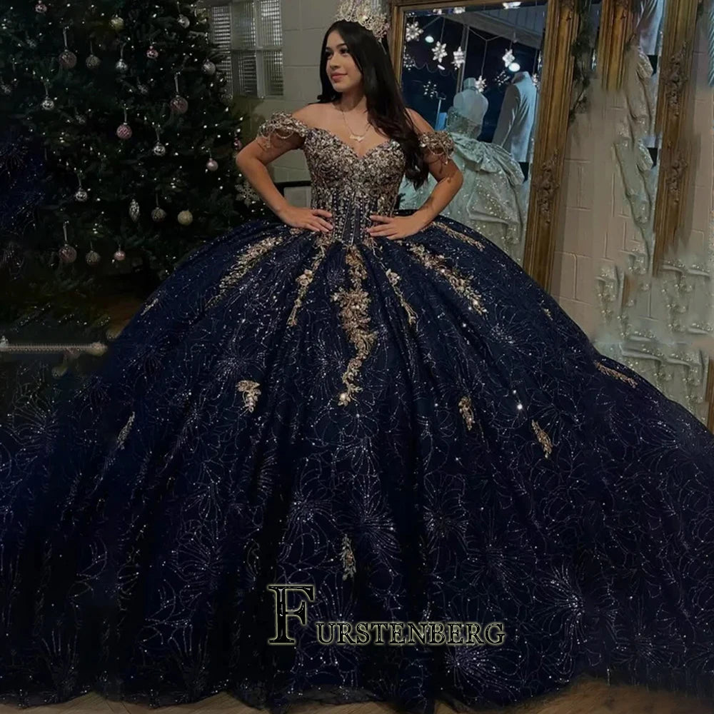 FURSTENBERG Ball Gown Dresses Navy Blue Crystals Embroidery Dress Royal Train Wedding Party Gowns Vestido De 15 Customized