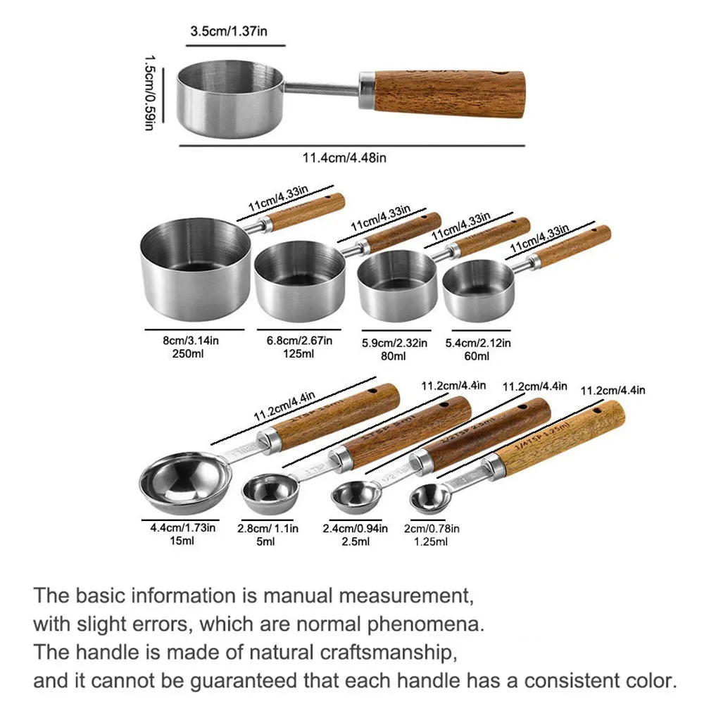 1/4Pcs Stainless Steel Measuring Cups and Spoons Set with Wooden Handles Multifunctional Baking Tool for Cooking and Baking