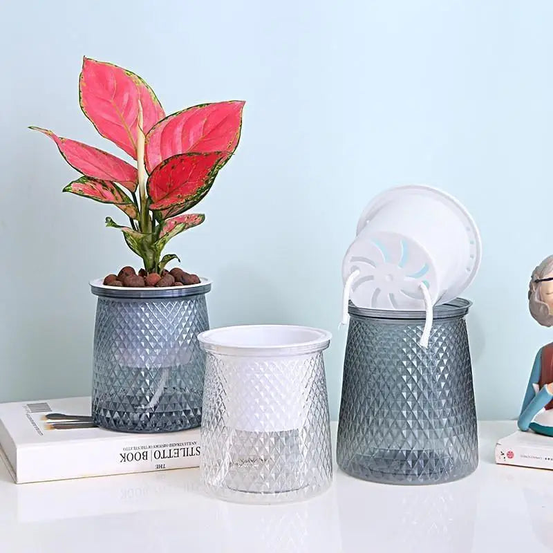 1 Pcs Transparent Self Watering Flower Pot Plastic Plantpot Dual-layer Automatic Lazy Potted Hydroponic Flowerpot for Home Decor