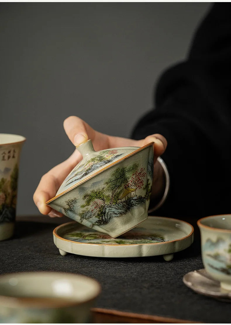 Jingdezhen-Ceramic Tea Cup with Bamboo Hat, Traditional Handmade Tea Ware, Single Bowl, Kung Fu Tea with Lid, Sancai Gaiwan