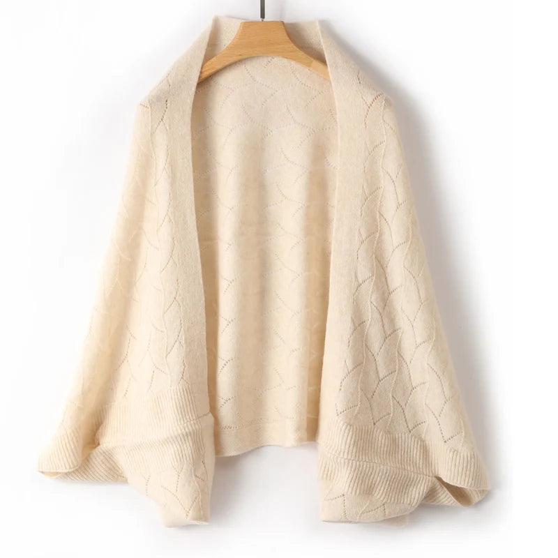 Popular Lace Edge 100% Wool Knitted Shawl Spring Autumn Thin Women's Soft, Skin friendly, Breathable, and Fashionable Cardigan