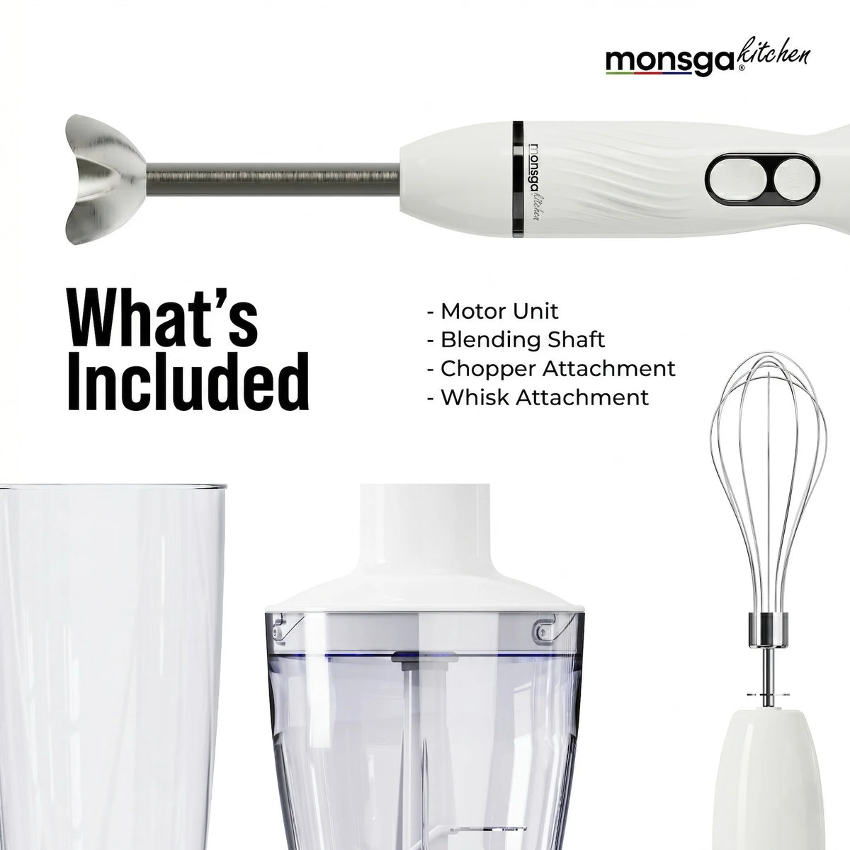 MONSGA Electric Immersion Hand Blender 4 in 1, 2 Speed Detachable Stick Mixer, Egg Whisk, Milk Frother, Vegetable Chopper, Meat Grinder, Juice Mixing Cup for Kitchen Smoothies Soup Baby Food