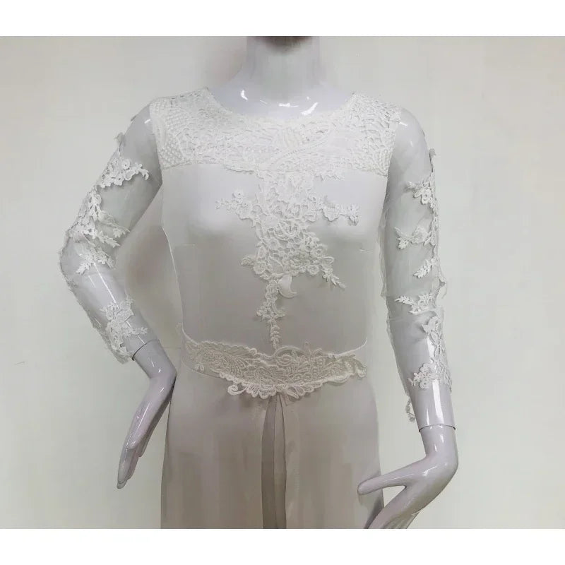 Elegant Jumpsuits Women Perspective Long Sleeve Lace White Lady Straight High Waist Spring Fake 2 Pieces Jumpsuit Lugentolo