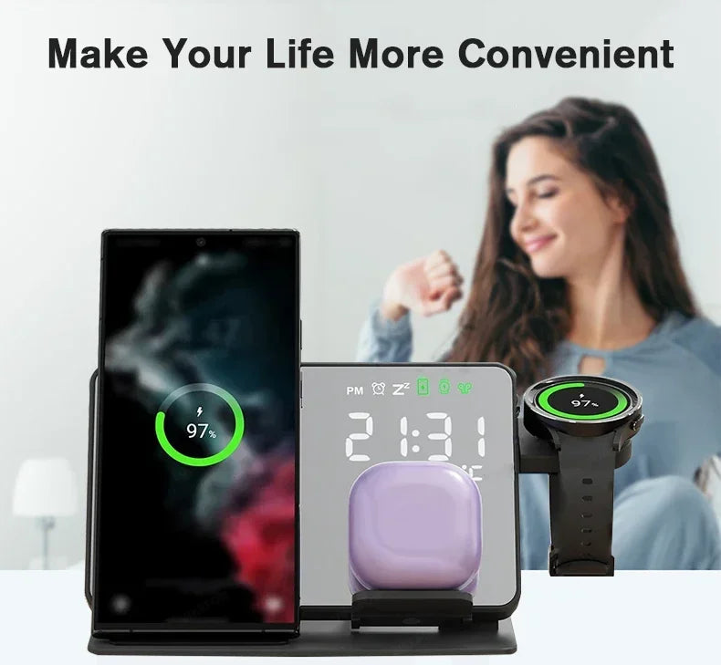 3 in 1 Wireless Charger For Apple Samsung Galaxy Watch 6 5 Pro S24 S23 S22 Fast Charging Station Alarm Clock Phone Charger Stand
