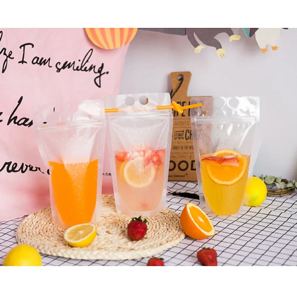 50Pcs Clear Plastic Drinking Packaging Bag Food Fresh Keeping Transparent Beverage Juice Milk Coffee Pouch Zip Bag Without Straw