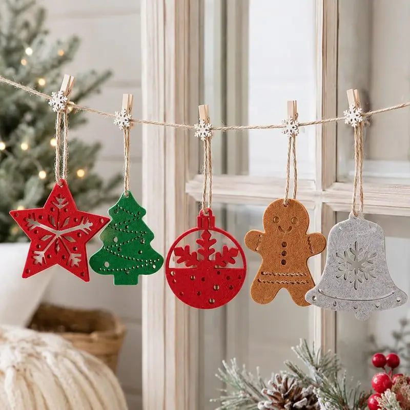 10pcs/pack Christmas Felt Garland Banner Xmas Tree Star Bell Gingerbread Man Hanging String Home Party Fireplace Mantel Pendant