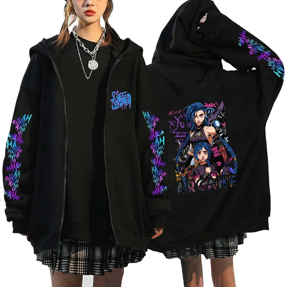 Arcane-Jinx Zipper Hoodie Harajuku Anime Monkey Graffiti Pullover Sweatshirt Men Women Streetwear Gothic Game Lover Zip Hoodie