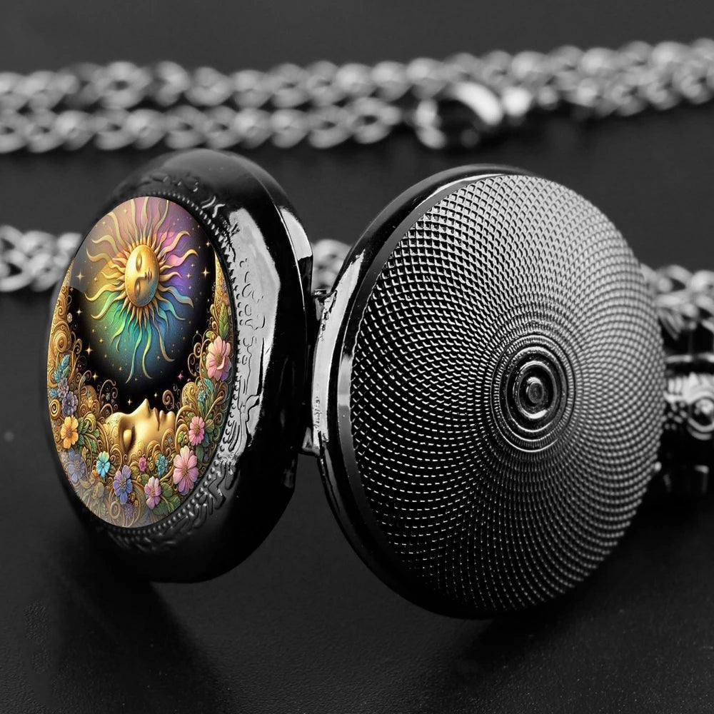 Sun and Moon Goddess Quarzt Pocket Watch with Chain