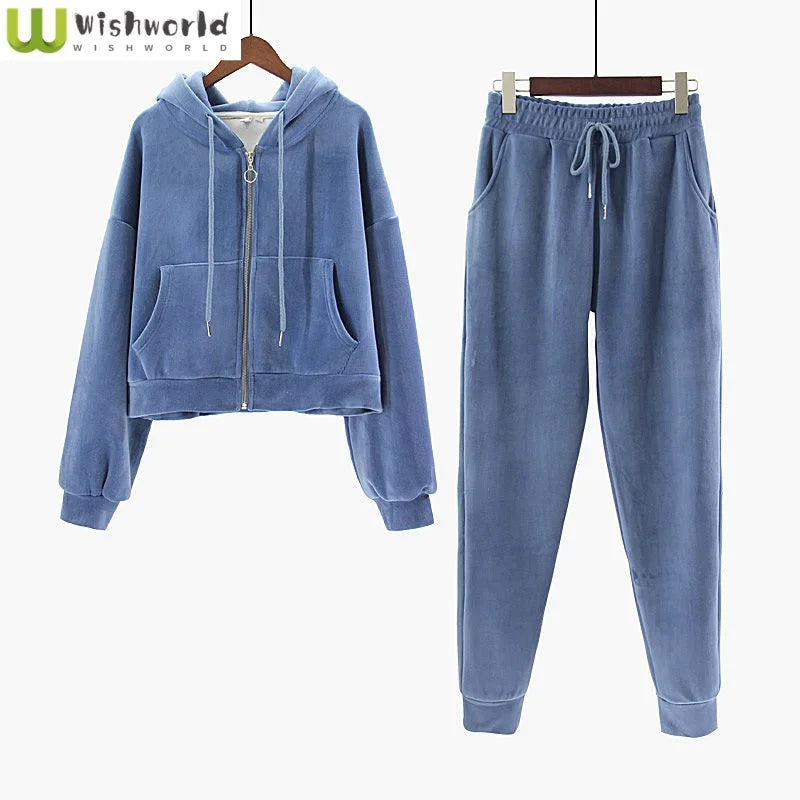 Thickened Gold Velvet Long Sleeved Hooded Sweatshirt with Lace Up Leg Ties Two Elegant Women's Pants Set Tracksuits