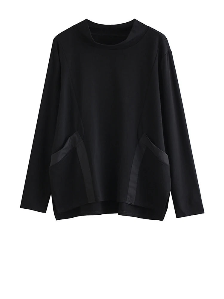 EAM Loose Fit Pocket Irregular Black Sweatshirt New Stand Collar Long Sleeve Women Big Size Fashion Spring Autumn 2026 1DE4263