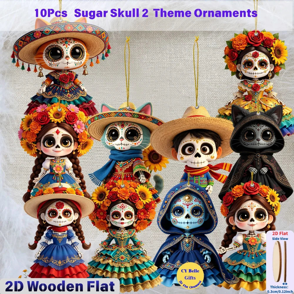 2D Flat Wooden Candy Skull Hanging Ornaments Halloween Day