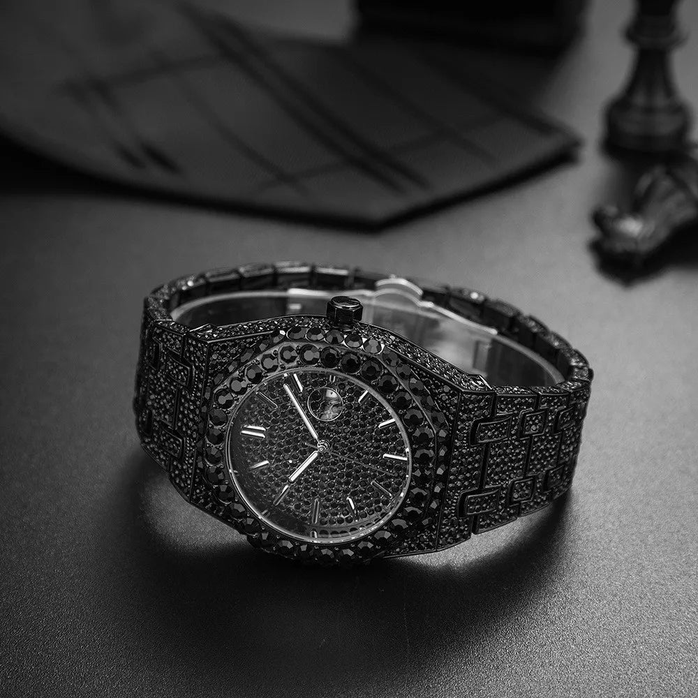 Iced-Out Black Rhinestone Men's Quartz Watch
