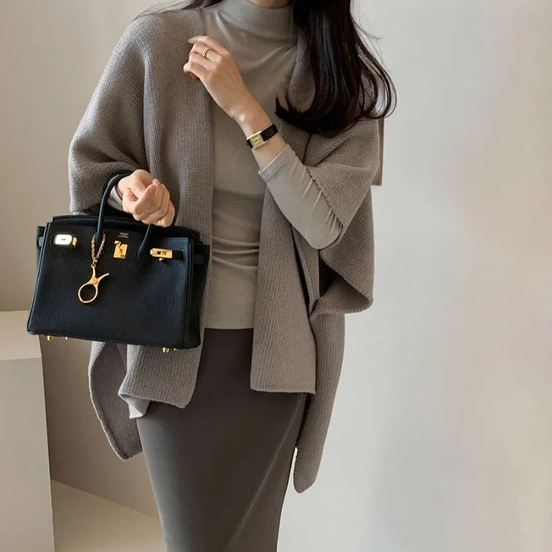 Korean Style Knitted Shawl Jacket Women's Casual Warm Knitted Cardigan Cloak Elegant Solid Color Women's Knitted Cardigan