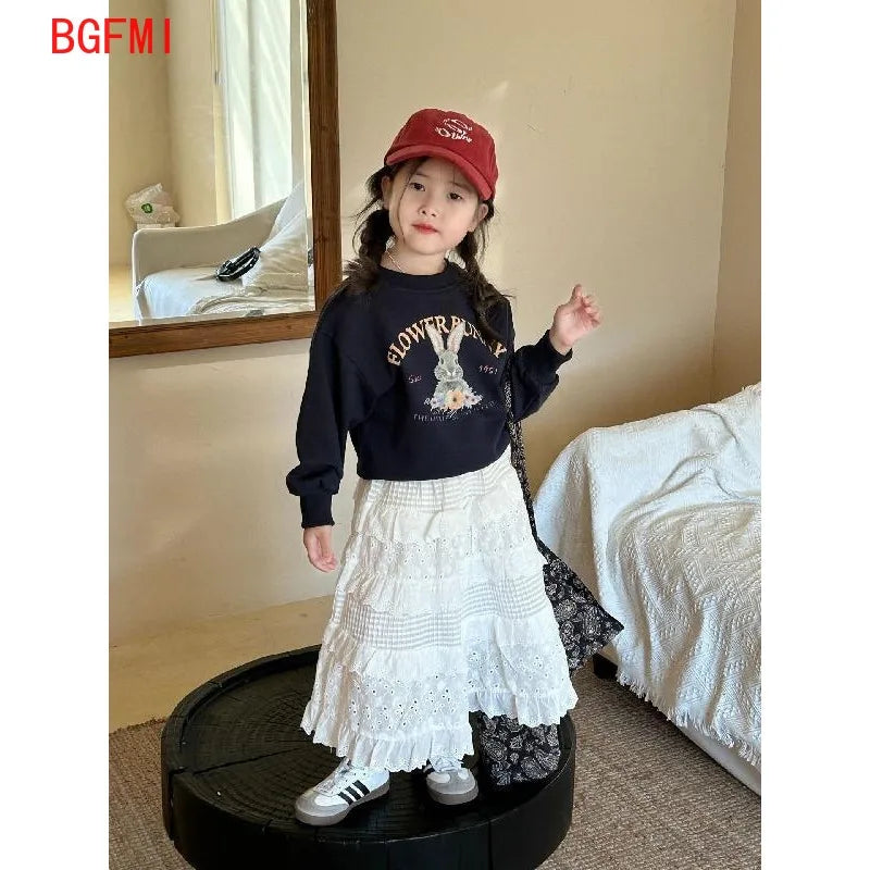 Korean Girls 2024 Navy Blue Cute Rabbit Sweatshirt+ White Lace Cake Skirt Girl 2pcs Cotton Set Fashion Baby Spring Autumn Outfit