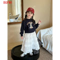 Korean Girls 2024 Navy Blue Cute Rabbit Sweatshirt+ White Lace Cake Skirt Girl 2pcs Cotton Set Fashion Baby Spring Autumn Outfit