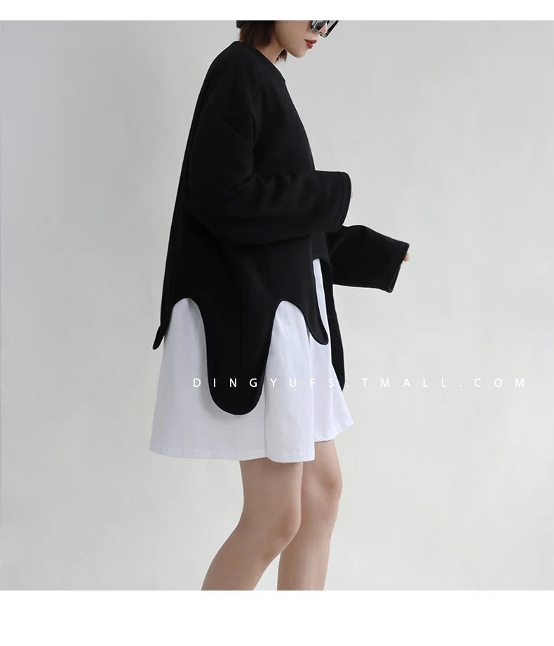 SuperAen Spring Summer 2023 New Sweatshirt Women's New Design Irregular Loose Long Sleeves Round Neck Layered Top