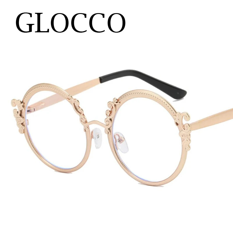 Gold Clear Carving Round Reading Glasses Women Unique Vintage Prescription Eyeglasses Metal Frame Blue Light Blocking Glasses