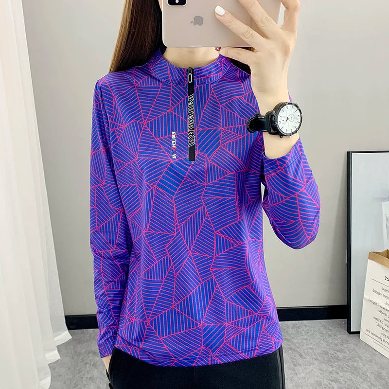 Outdoor Running Long Sleeve T-shirt Women Hiking Breathable Sport Sweatshirt Elasticity Camping Mom Quick Dry Fashion Print Top
