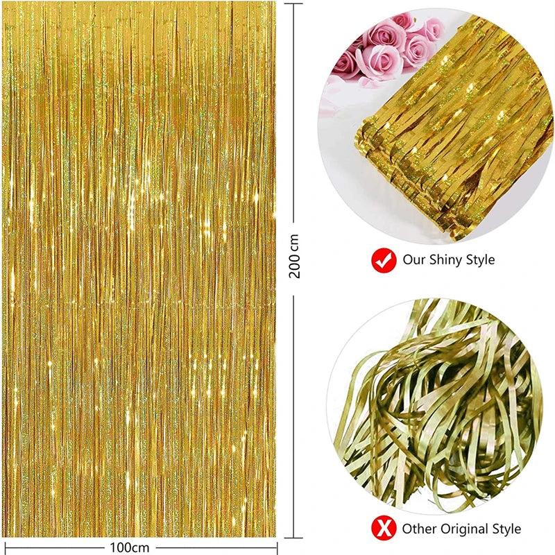 1pack Party Backdrop Curtains Glitter Gold Tinsel Fringe Foil