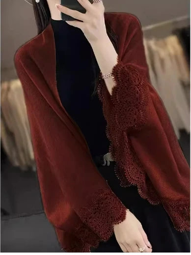 Popular Lace Edge 100% Wool Knitted Shawl Spring Autumn Thin Women's Soft, Skin friendly, Breathable, and Fashionable Cardigan