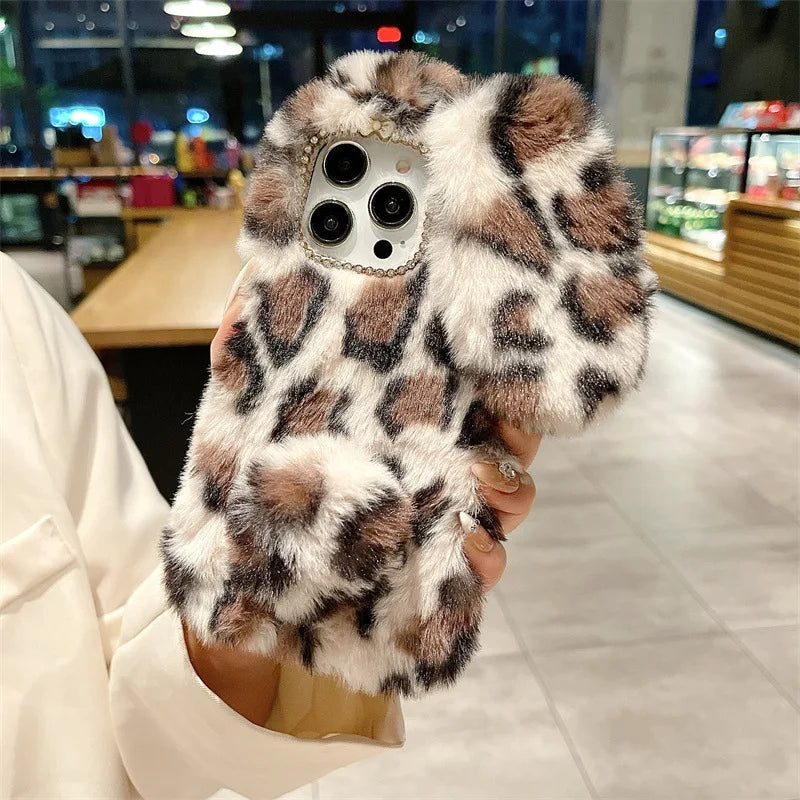 Cute Cartoon Leopard Print Bunny Fur Plush Phone Case