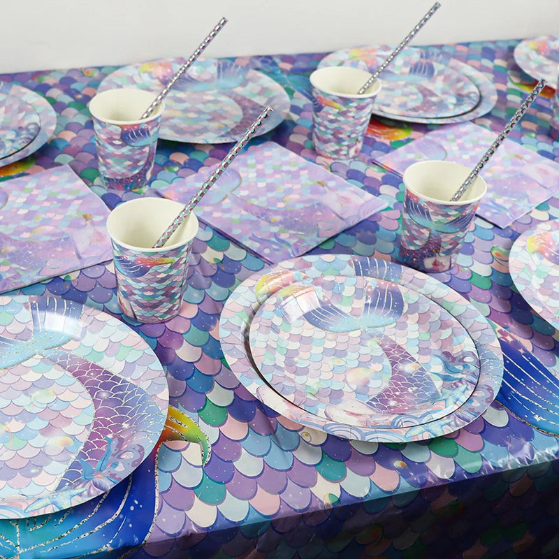 Mermaid Birthday Party Decoration Disposable Tableware Set Little Mermaid Tail Plates Girl Mermaid Party Supplies Wedding Decor