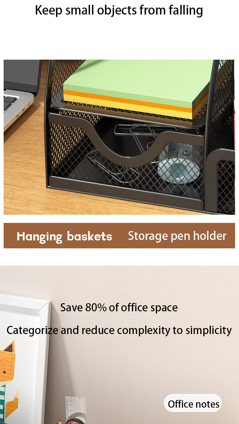 Mesh Desk Organizer Office with 7 Compartments with Drawer Desk Tidy Candy Pen Holder Multifunctional Organizer