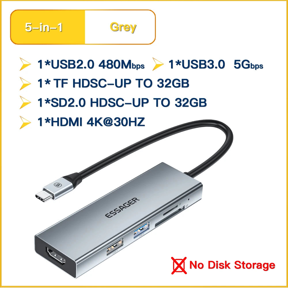 Essager USB C Type C Cable Hub Extender High Speed USB 3.0 2.0 SD