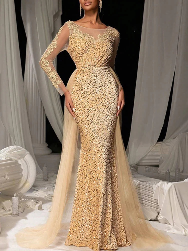 Fashion Solid Color High Waist Glitter Dress Luxury Long Sleeve Slim Dress Elegant V-neck Lace Sequin Mesh Spliced Evening Dress